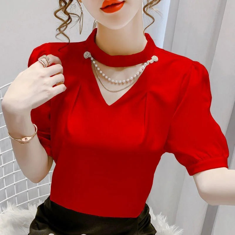 Women’s Summer Puff Sleeve O-Neck Blouse – Solid Pearl Casual Fashion Top WY0227 🌸✨
