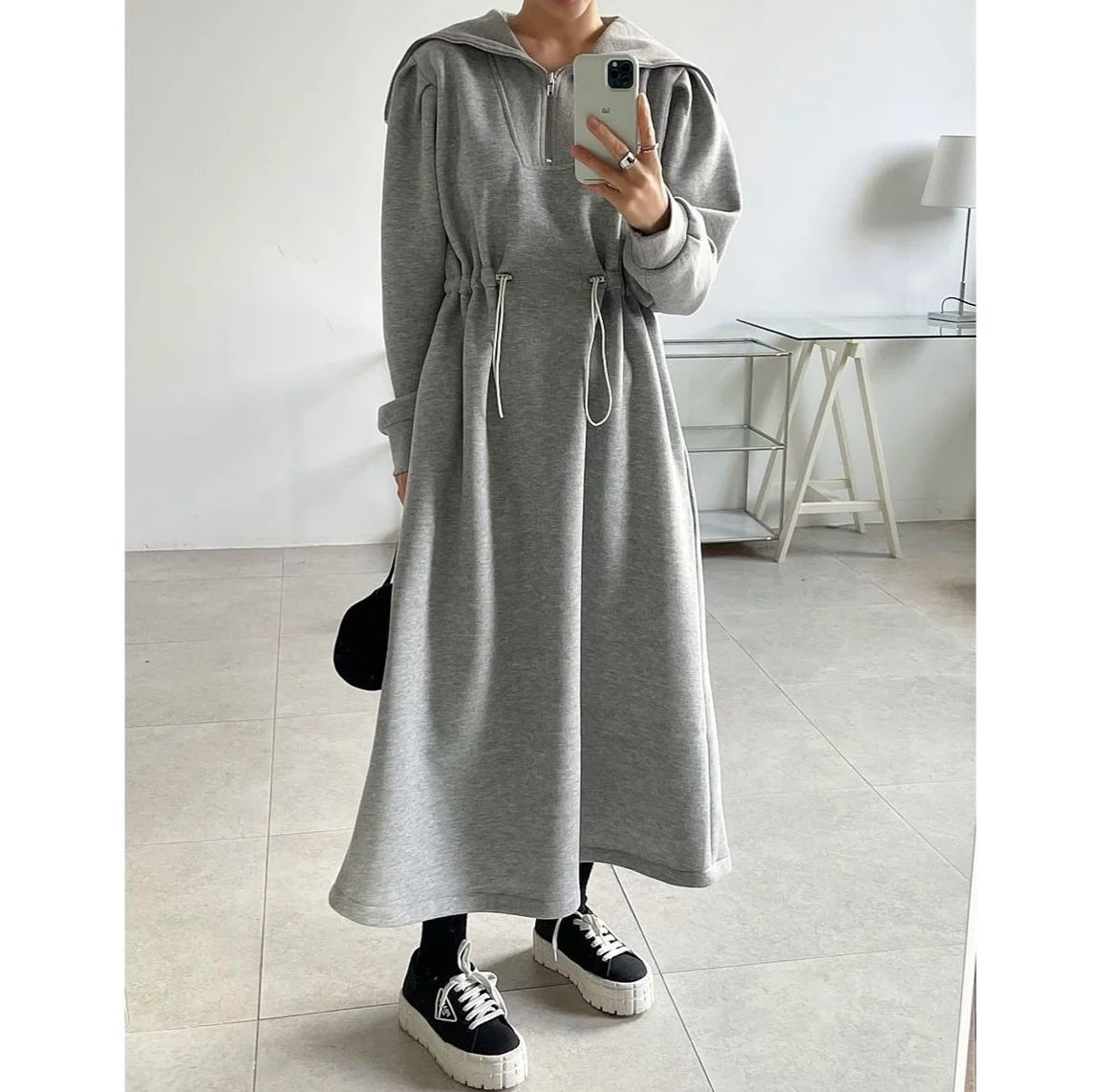 Chic Autumn Long Sve Dstring Waist Slim A-Line Dr Hoodie Women's Faionable Youthful f Open Collar Dr