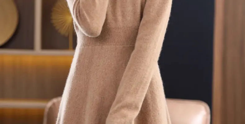 Women’s Mid-Length Knitted Wool Dress – High Collar Long Sleeve Casual Autumn Commute Dress for Ladies