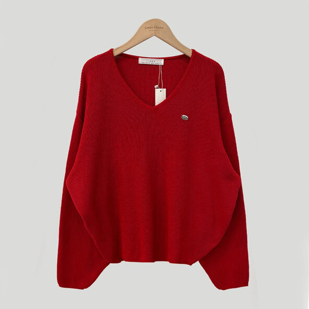 Loose Women’s Knitwear V-Neck Long Sleeve T-Shirt – Casual Comfortable Fashionable Autumn Top New Arrival