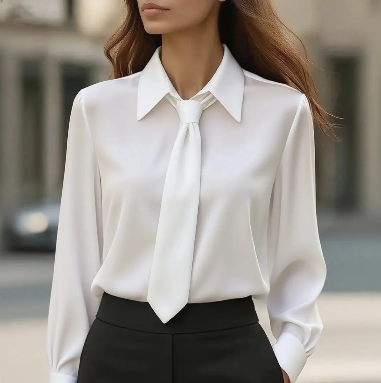 Women’s Elegant Satin Work Shirt – Plain Modern Casual Long Sleeve Collared Top for Office & Daily Wear ✨👚