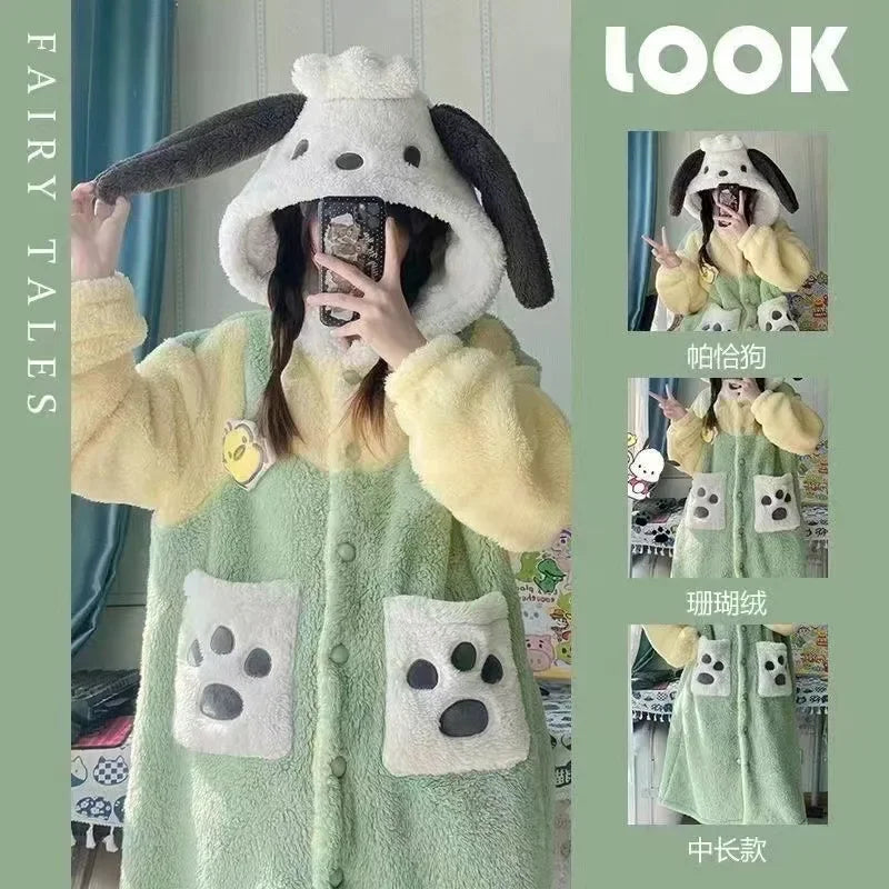 Kawaii Sanrio Hello Kitty Velvet Pajamas Set | Cute Cartoon Nightgown & Bathrobe | Girls & Couples Soft Home Wear