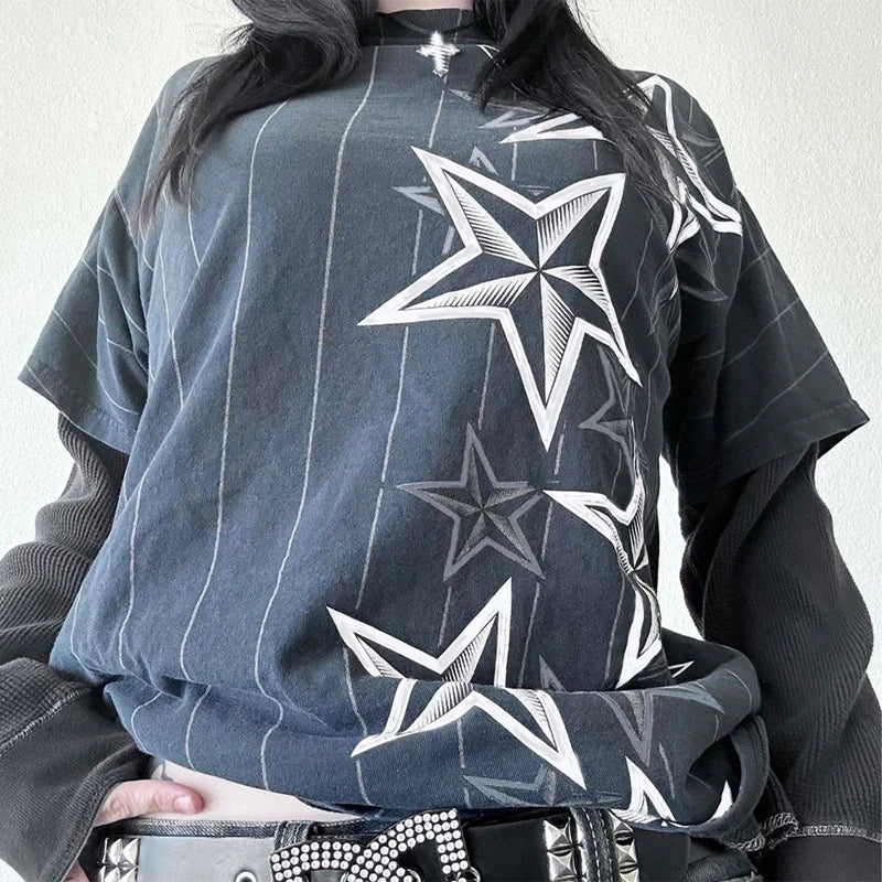 Y2K Grunge Emo Vintage T-Shirt | Gothic Patchwork Long Sleeve E-Girl Cyber Goth Streetwear Top