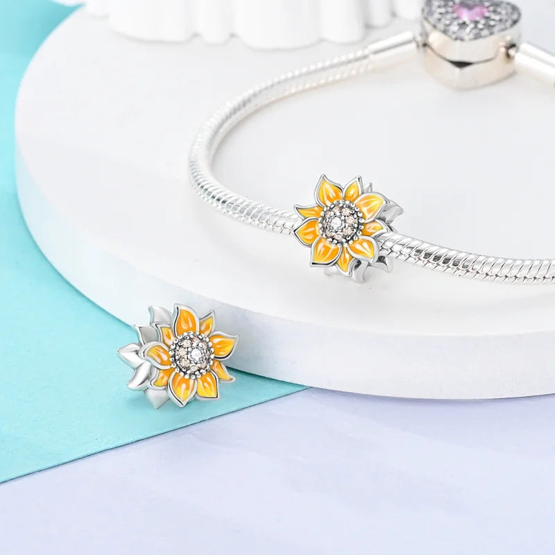 925 Sterling Silver Golden Zircon Saturn Flower Butterfly Charm Bead Fit 3MM Original Bracelet Women DIY Jewelry