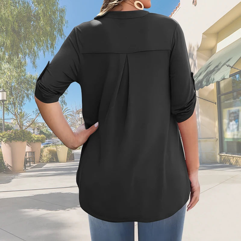 2025 Women’s Plus Size Summer Blouse – Casual V-Neck Button-Front Loose Fit Short Sleeve Top