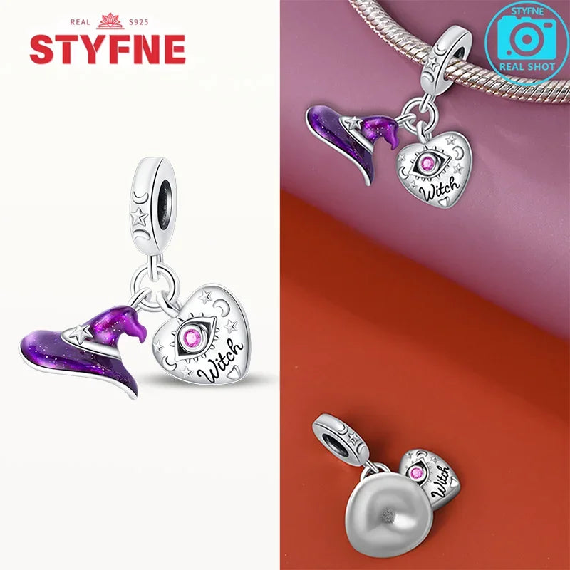 925 Sterling Silver Purple Flying Witch Hat & Magic Book Charm – Fits Original Bracelet DIY Halloween Jewelry Gift for Women