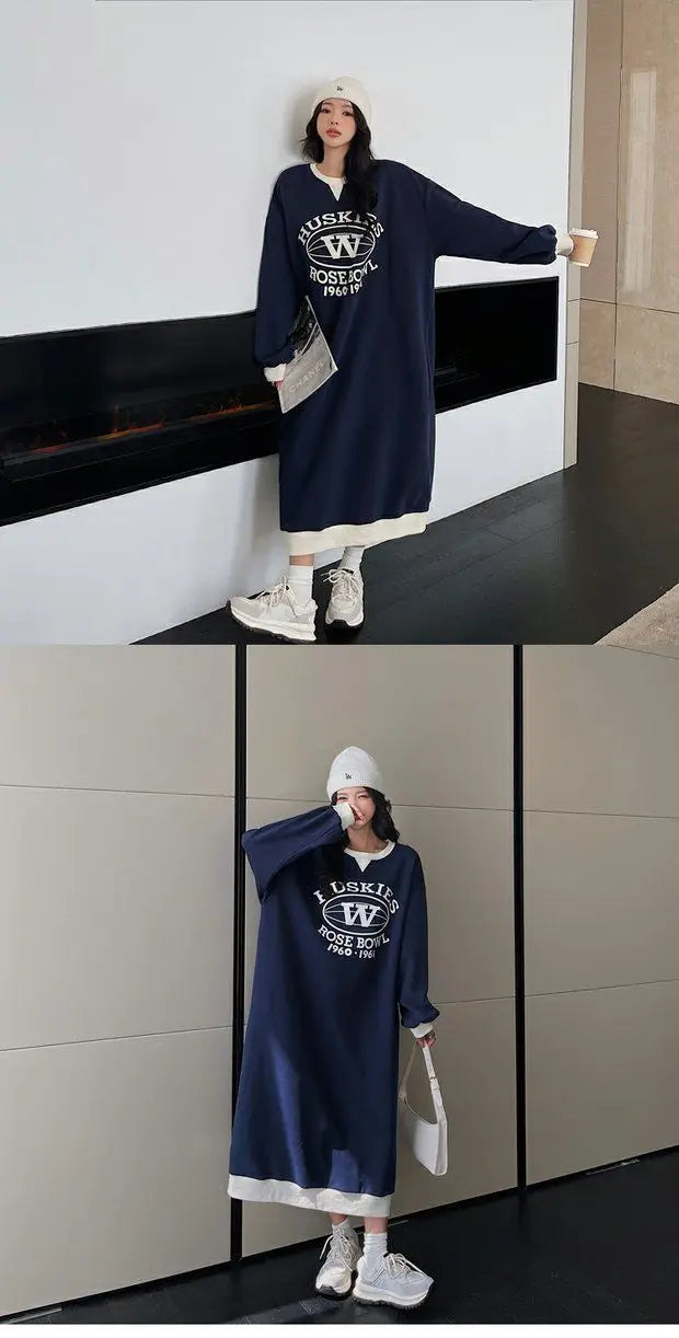 Plus Size Korean Style Loose Casual Sweatshirt Dress – A-Line Skirt, Long Sleeve Mid-Length | Weight Loss Friendly