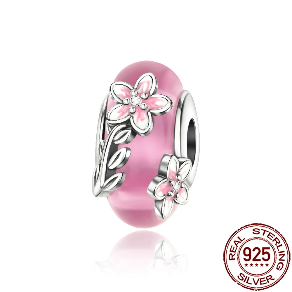 New 925 Sterling Silver Pink Daisy Murano Glass Charm | Cold Enamel Bead Fit Pandora Bracelet & Necklace