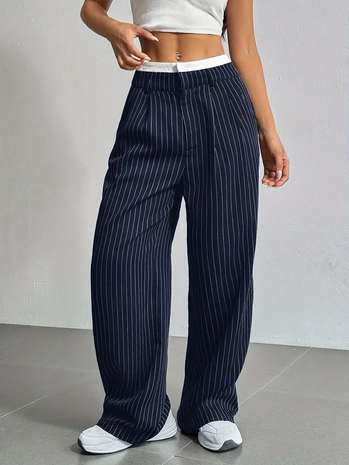 Women’s High Waist Straight Leg Pinstripe Trousers | Office & Casual Striped Dress Pants with Pockets
