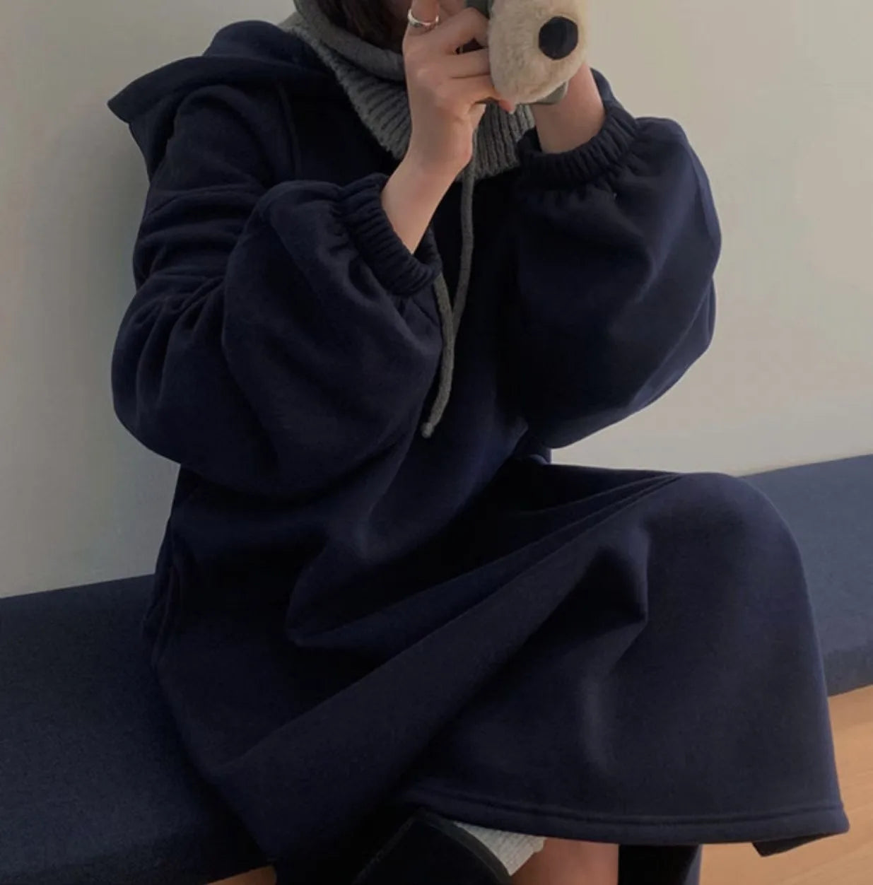 Chic Winter College Long Hoodie Dress ❄️ Lazy Fleece A-Line Side Slit Dress 👗 Pure Color Polyester Fiber 🧵