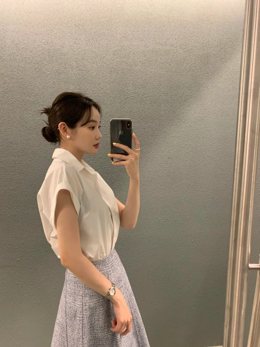 Chic Summer Loose Women’s Shirt | Classic Pure Color Professional Blouse with Small Lapel Collar