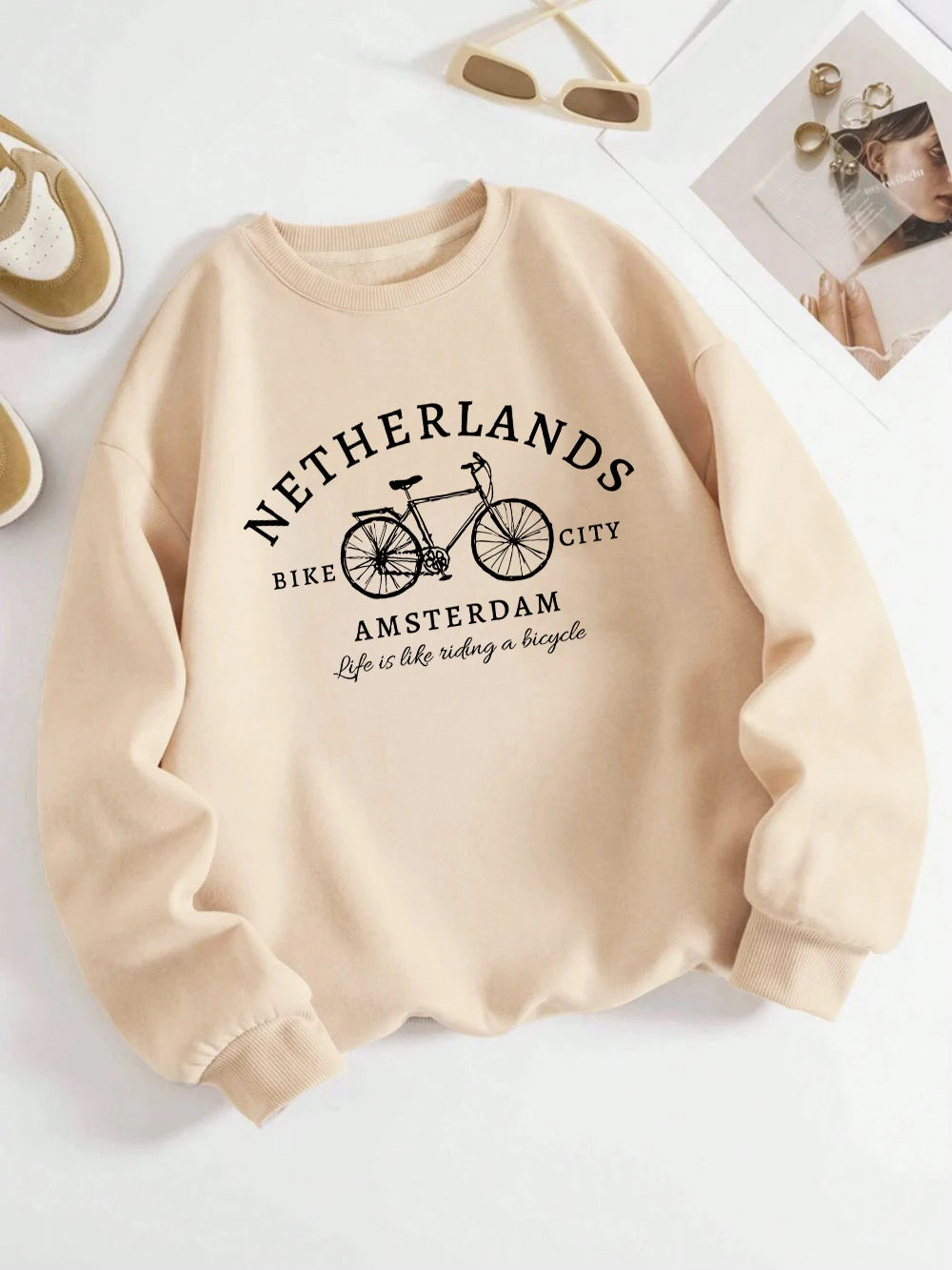 Netherlands Amsterdam Bike Design Pullover | Women’s Fleece Sweatshirt | Autumn Loose Crewneck Casual Top