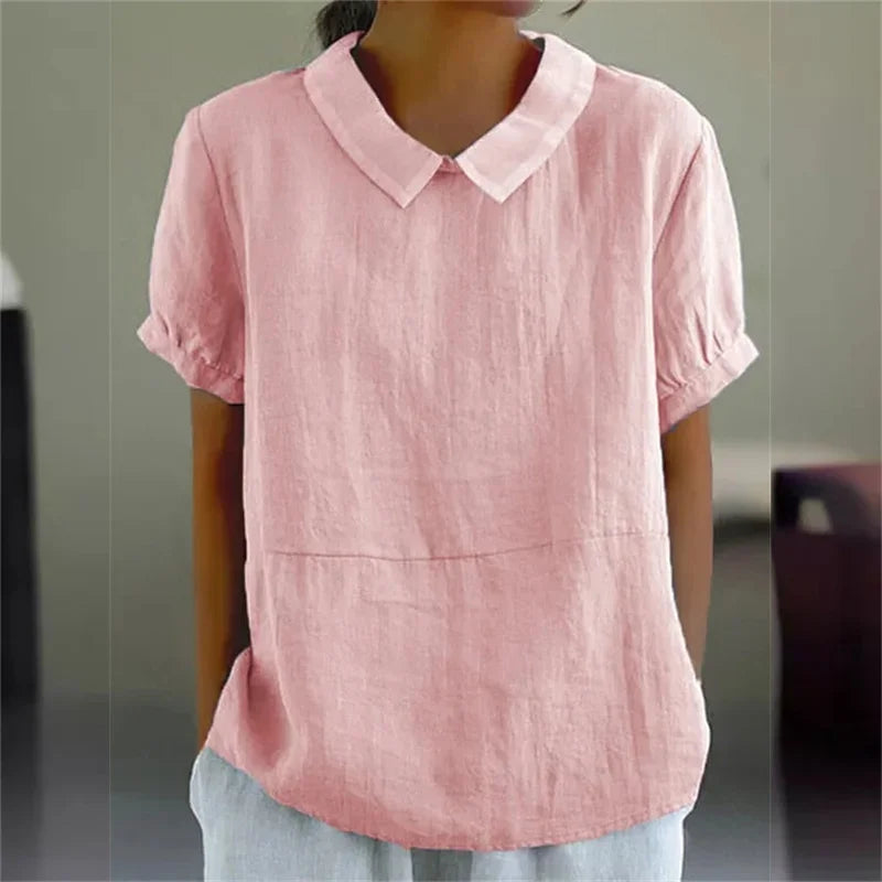 Women’s Summer Cotton Linen Lapel Pullover Shirt – Solid Color Short Sleeve Blouse 2024 👚☀️