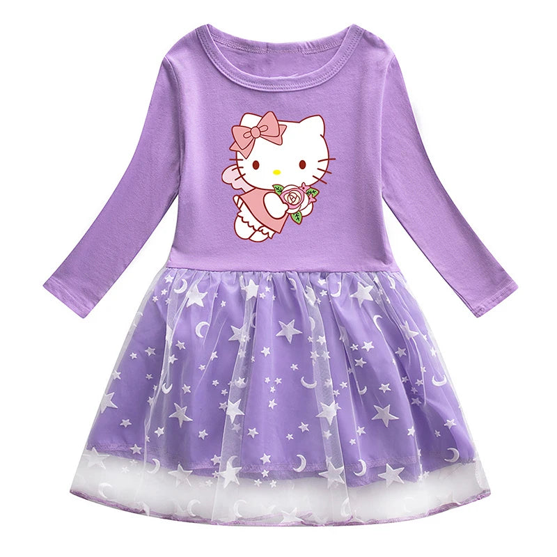 🍁 Hello Kitty Autumn Princess Dress 👗 Long Sleeve Mesh Dress for Baby Girls ✨ Toddler Cartoon Vestidos 2024