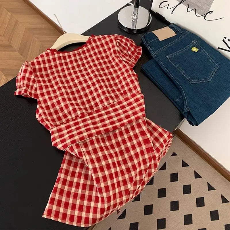 French Sweet Plaid Shirt 🌸 Women Summer Bow Tie Waist Cropped Top ✨
