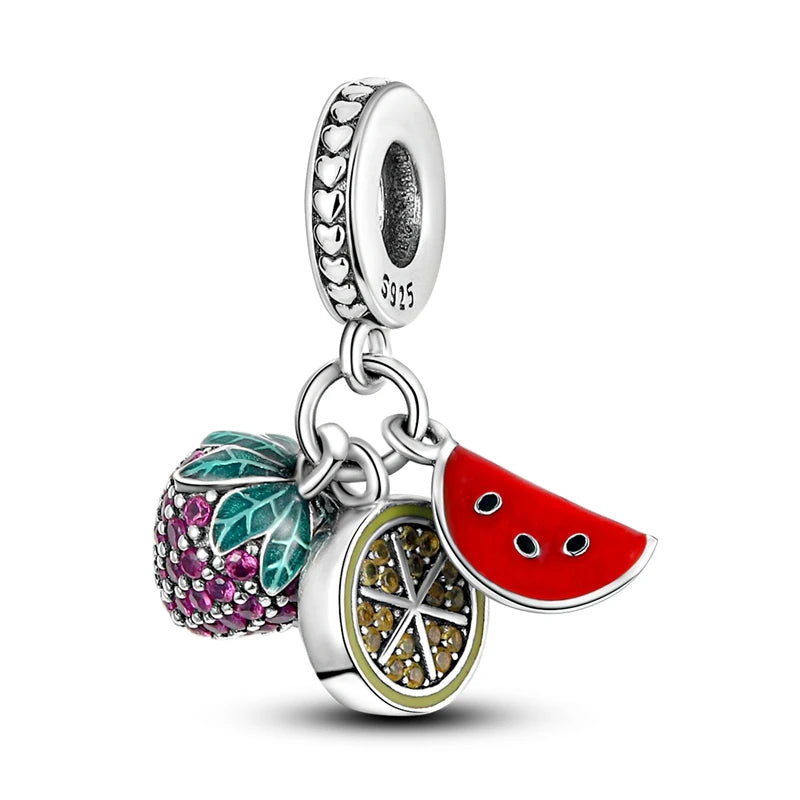 925 Sterling Silver Fruit Charms Beads | Cherry, Strawberry, Lemon, Peach & Avocado Pendants for Original Bracelet DIY Jewelry