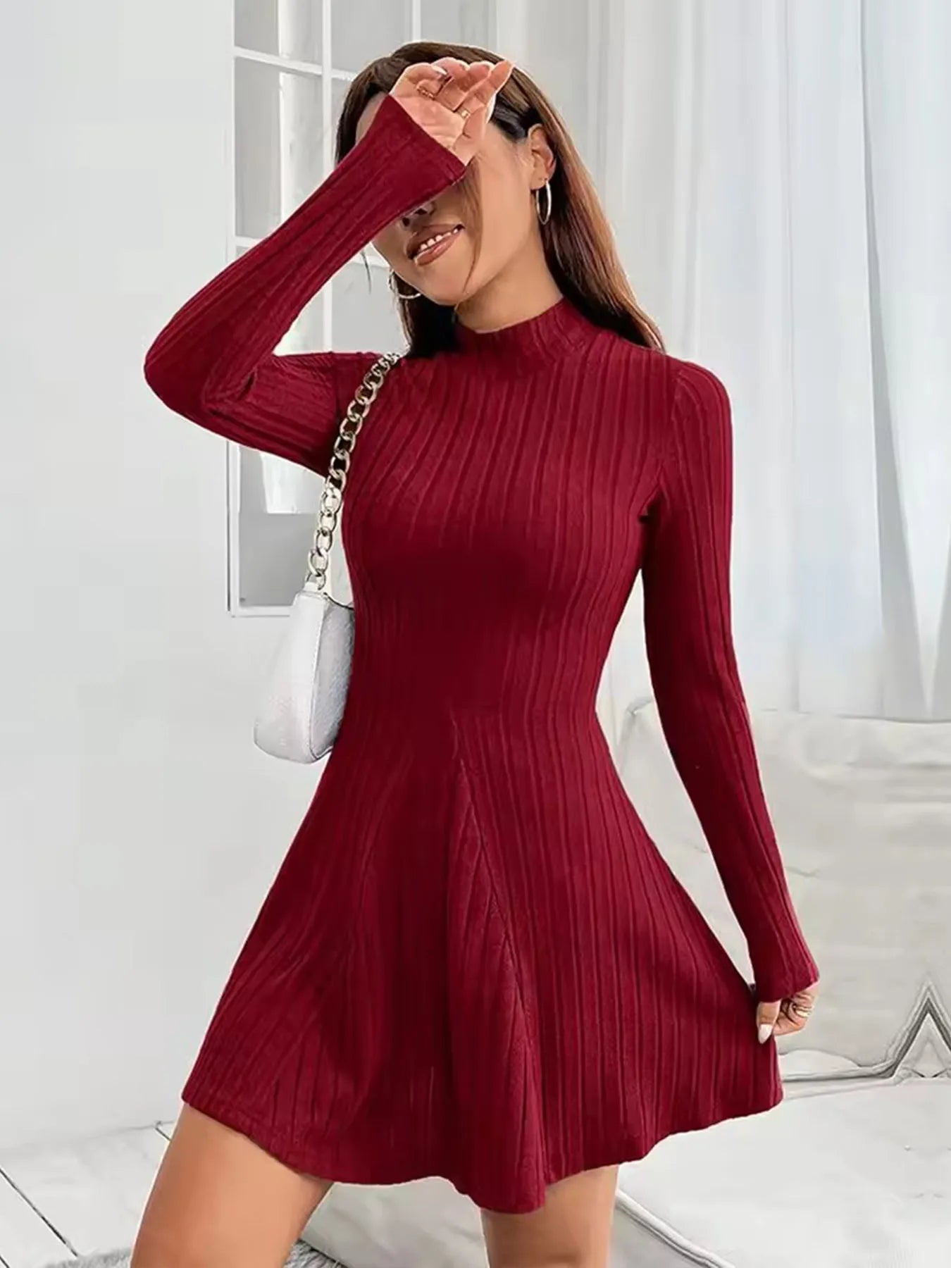 Women’s Slim Fit Half High Collar Dress – Waist Cinched A-Line Pit Stripe Long Sleeve Elegant Autumn Winter Dress