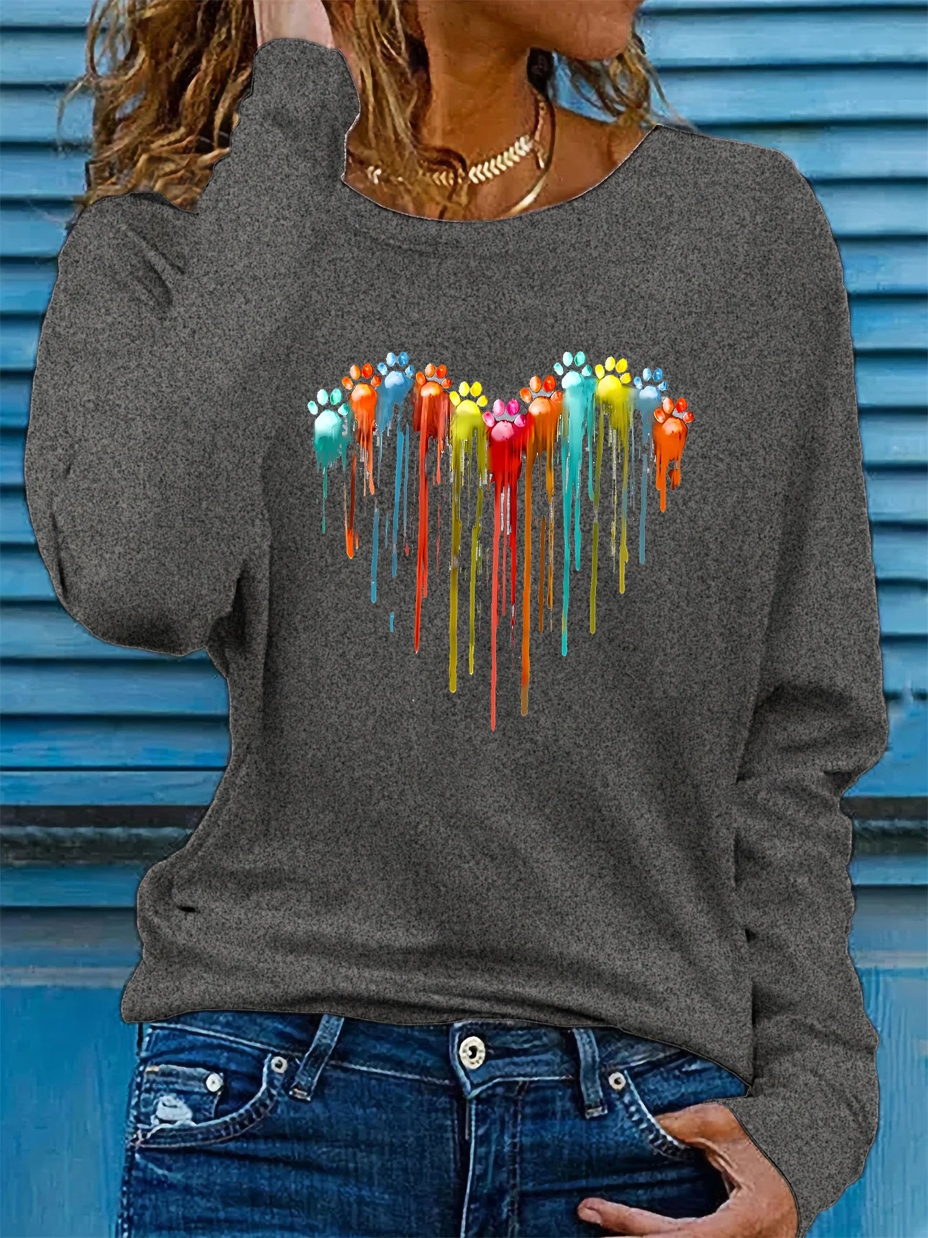 Women’s Autumn Heart Paw 3D Print Long Sleeve T-Shirt – Casual Oversized Fashion Top