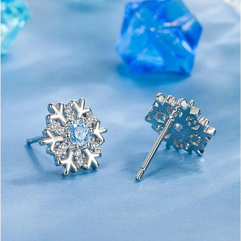 925 Sterling Silver Blue Zircon Snowflake Earrings for Women – Christmas Charm Jewelry Gift