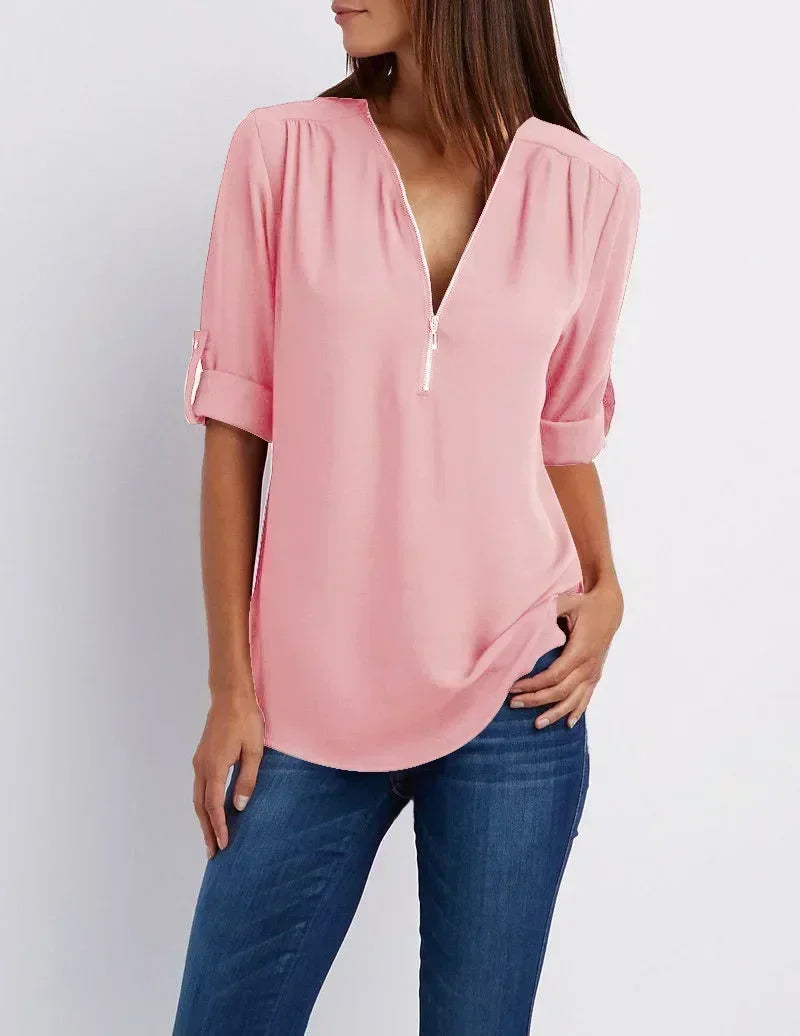 Summer Women’s Chiffon Blouse | Deep V-Neck Zipper Tops | Casual Loose Long Sleeve Plus Size Shirt