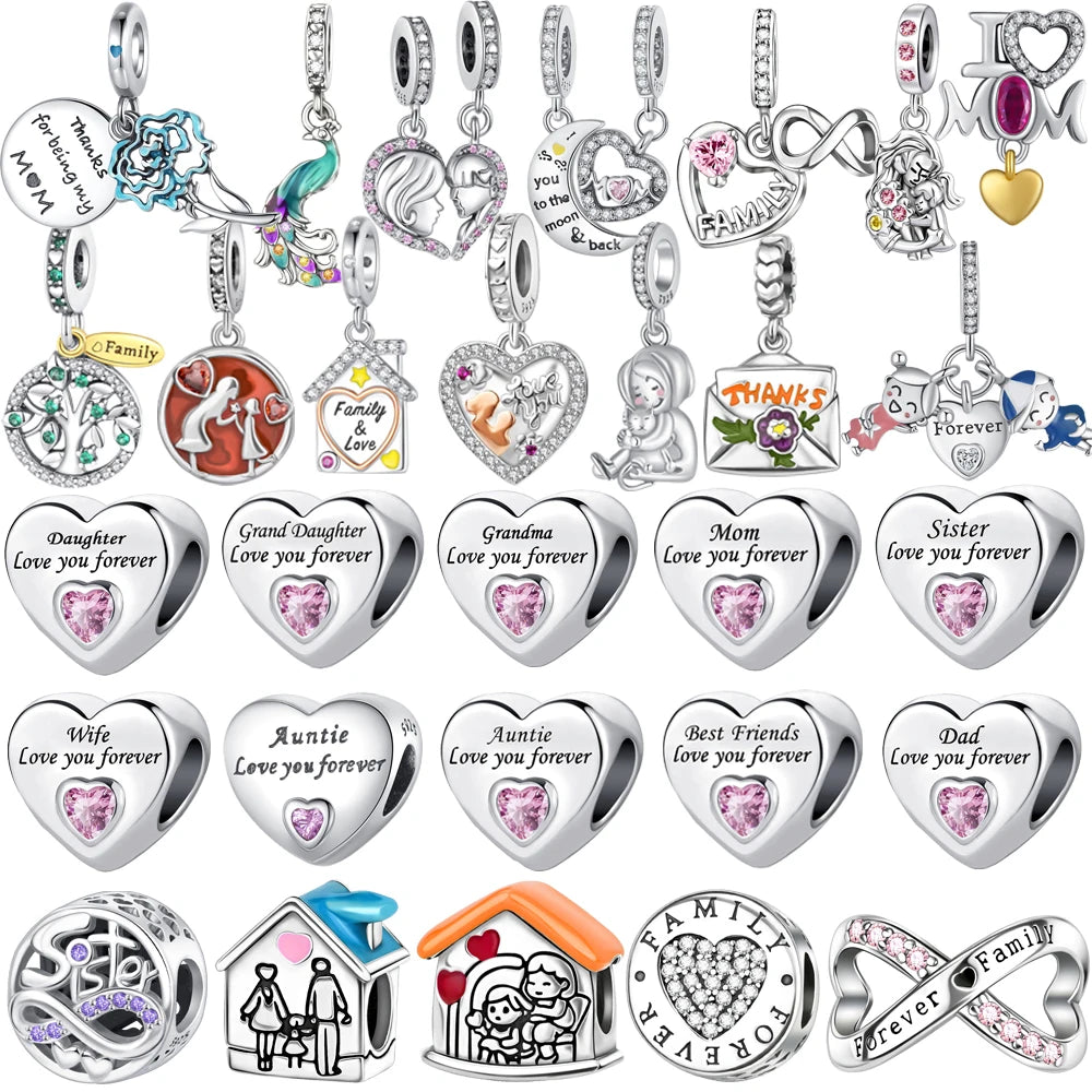 2025 New 925 Sterling Silver Family Love Heart Charm Beads | Sister, Daughter & Mother Pendant for Bracelets & DIY Jewelry