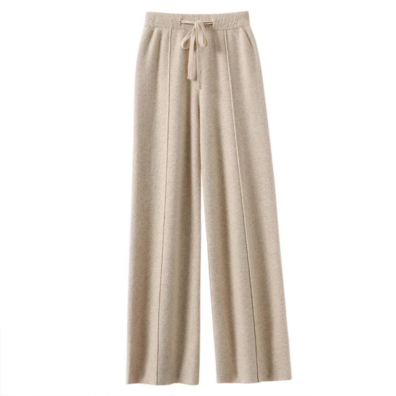 High Waist Knitted Wool Wide Leg Pants – Extended Length Drawstring Casual Loose Slimming Trousers for Autumn & Winter