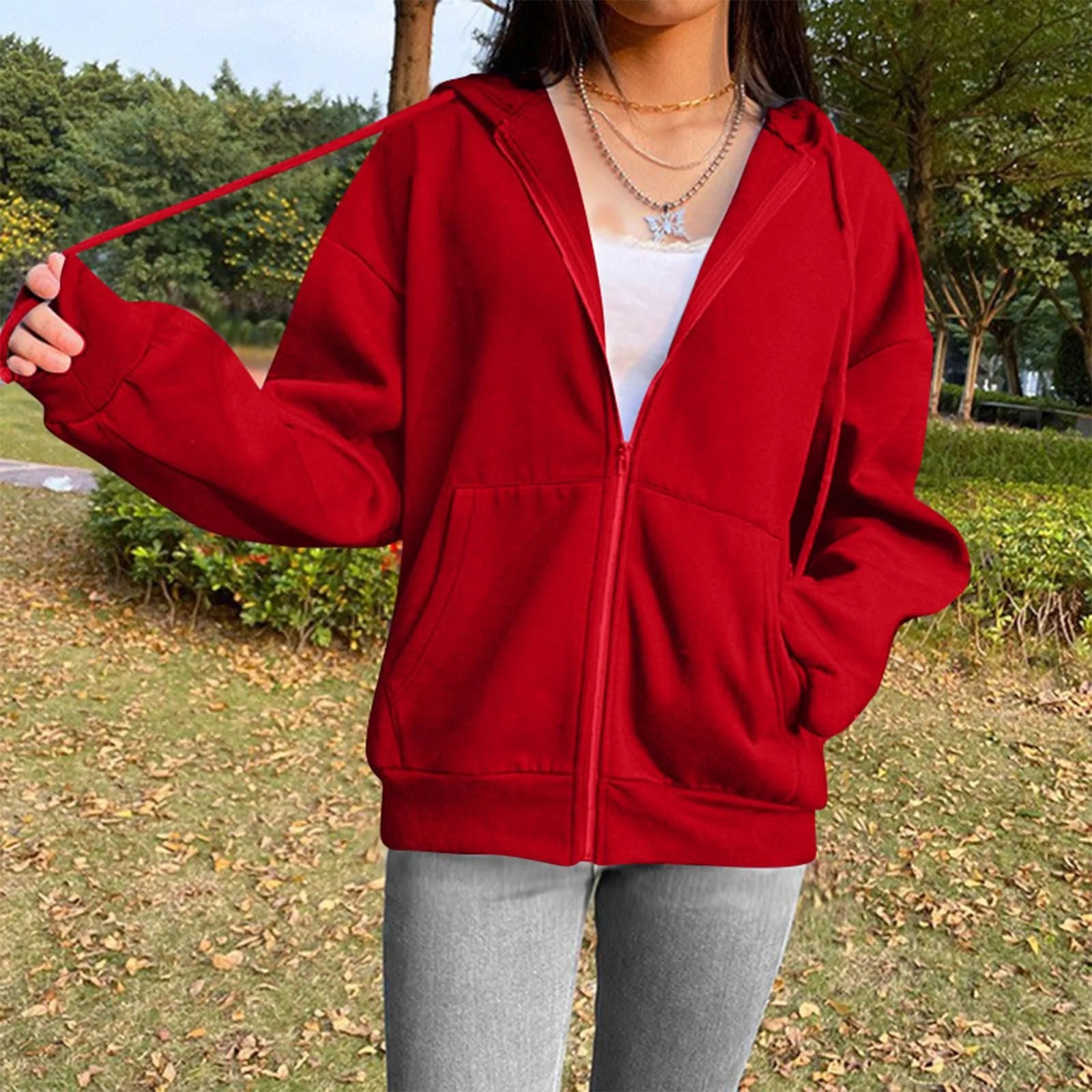 Spring Autumn Women Solid Color Hooded Sweatshirt Coat | Zipper Pocket Hoodie Jacket | Casual Outerwear Femme