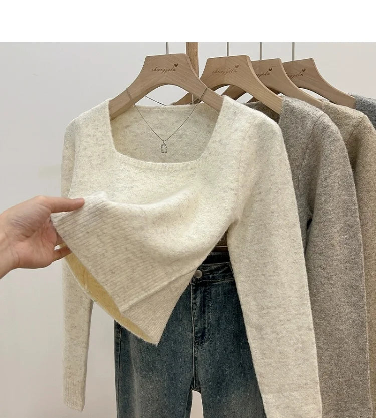 ✨ Soft Short Knitted Sweater Top for Women 🍁 Square Collar Slim Fit | Autumn Winter Inner Base Shirt 👚