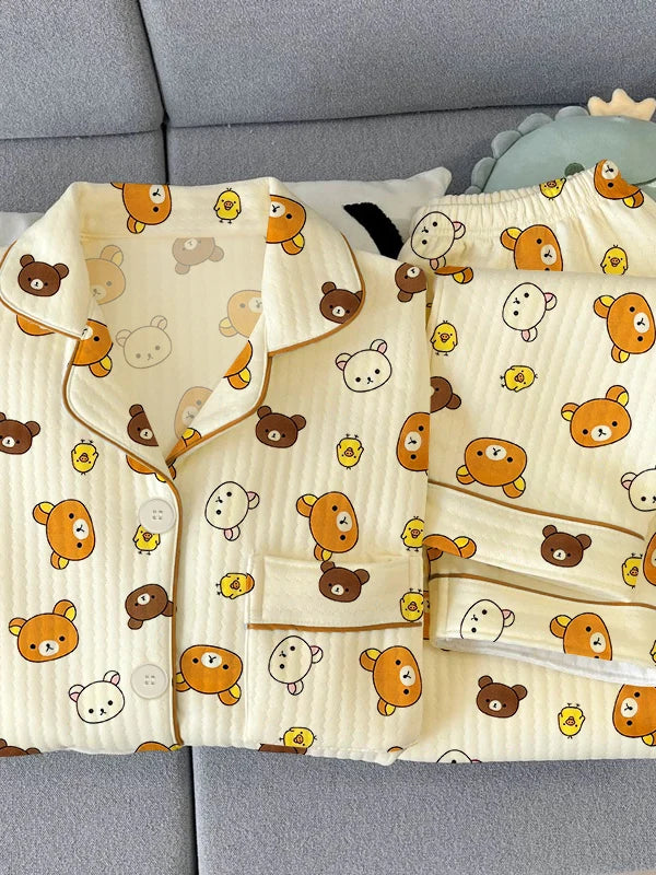Thickened Air Cotton Women’s Loungewear Set – Lazy Bear Cartoon Long Sleeve Top & Pants 🐻❄️🛋️