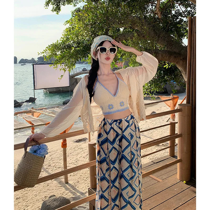 Vacation Style High Waist Wide Leg Pants – Thin Long Ethnic Print Pants for Beach & Holiday Wear