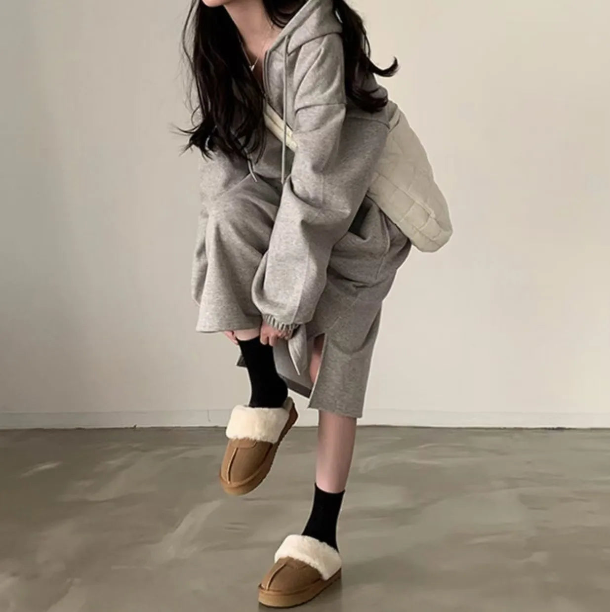 Chic Winter College Long Hoodie Dress ❄️ Lazy Fleece A-Line Side Slit Dress 👗 Pure Color Polyester Fiber 🧵