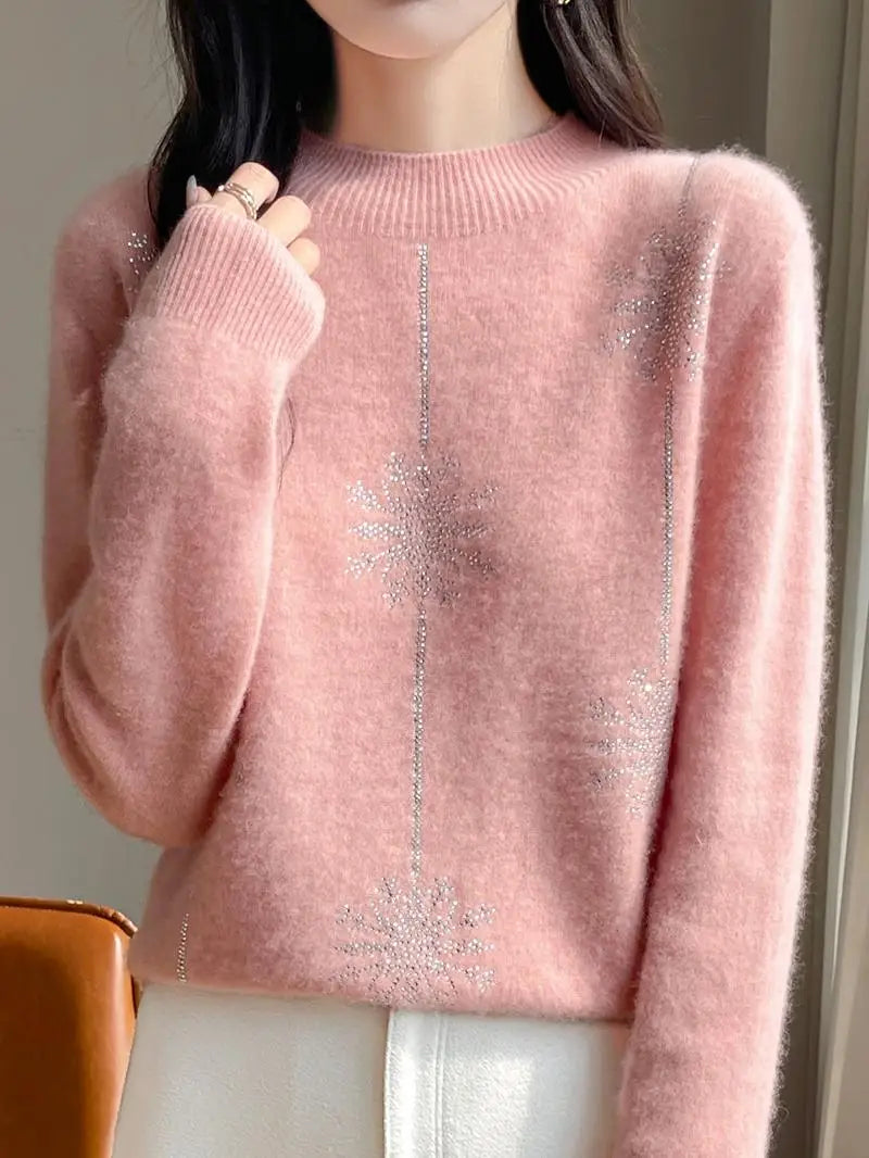 Women Christmas Sweater – Mock Neck Long Sleeve Thick Warm Pullover | Autumn Winter Knitted Loose Jumper Red