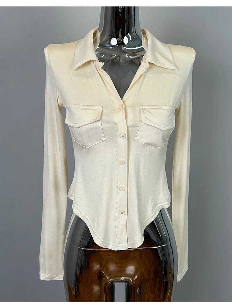 Sexy Button-Up Slim Fit Blouse – Women’s Early Autumn Korean Style Double Pocket Swing Top