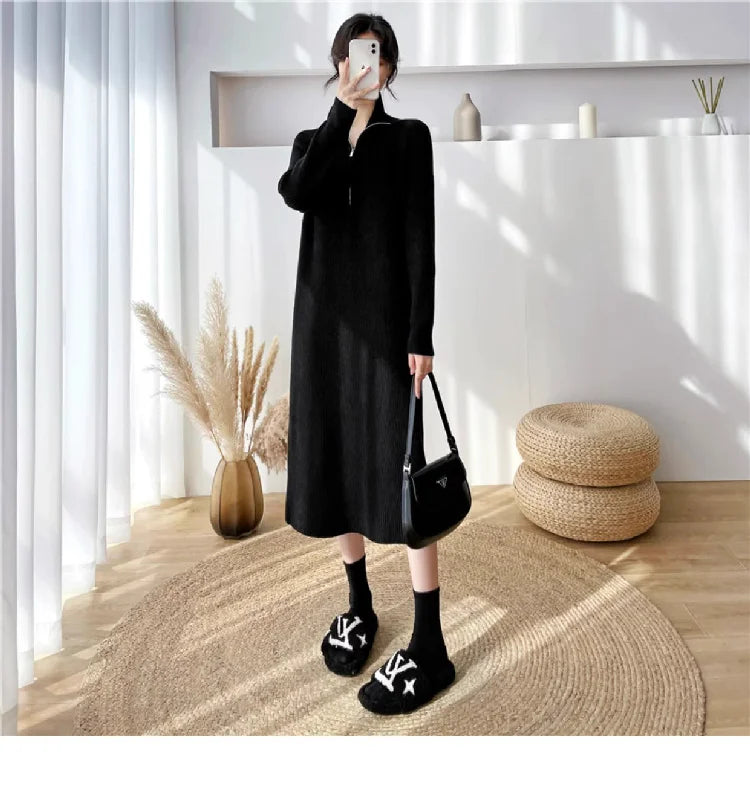 Autumn Winter High Collar Knitted Dress for Women – Loose Fit Long Sleeve Straight Tube Casual Warm Outfit
