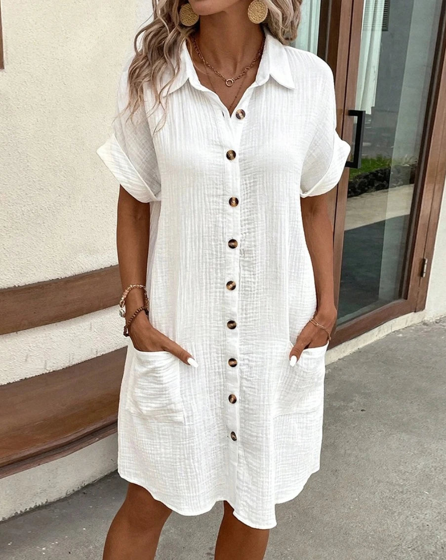 Vintage Women’s Solid Mini Dress – Summer V-Neck Three-Quarter Sleeve Cotton Linen Casual Dress