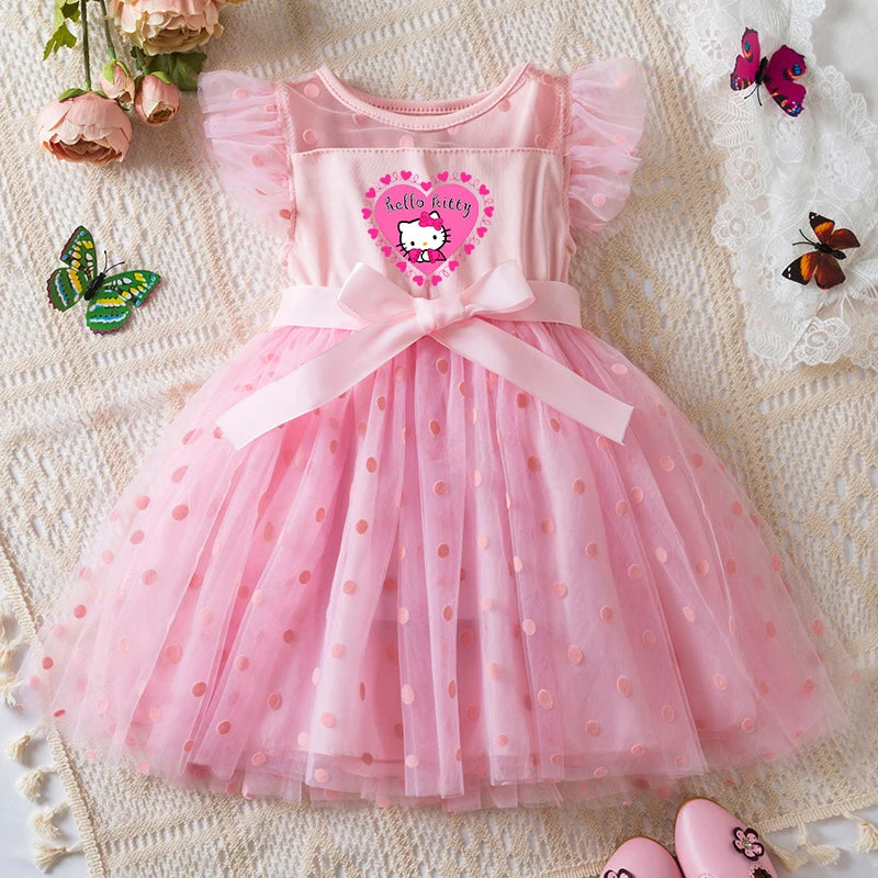 Hello Kitty Summer Kids Girls  Ruffles Sleeves Elegant Princess Mesh Dresses Girls Birthday Party Casual Sweet Dresses 2-6Y