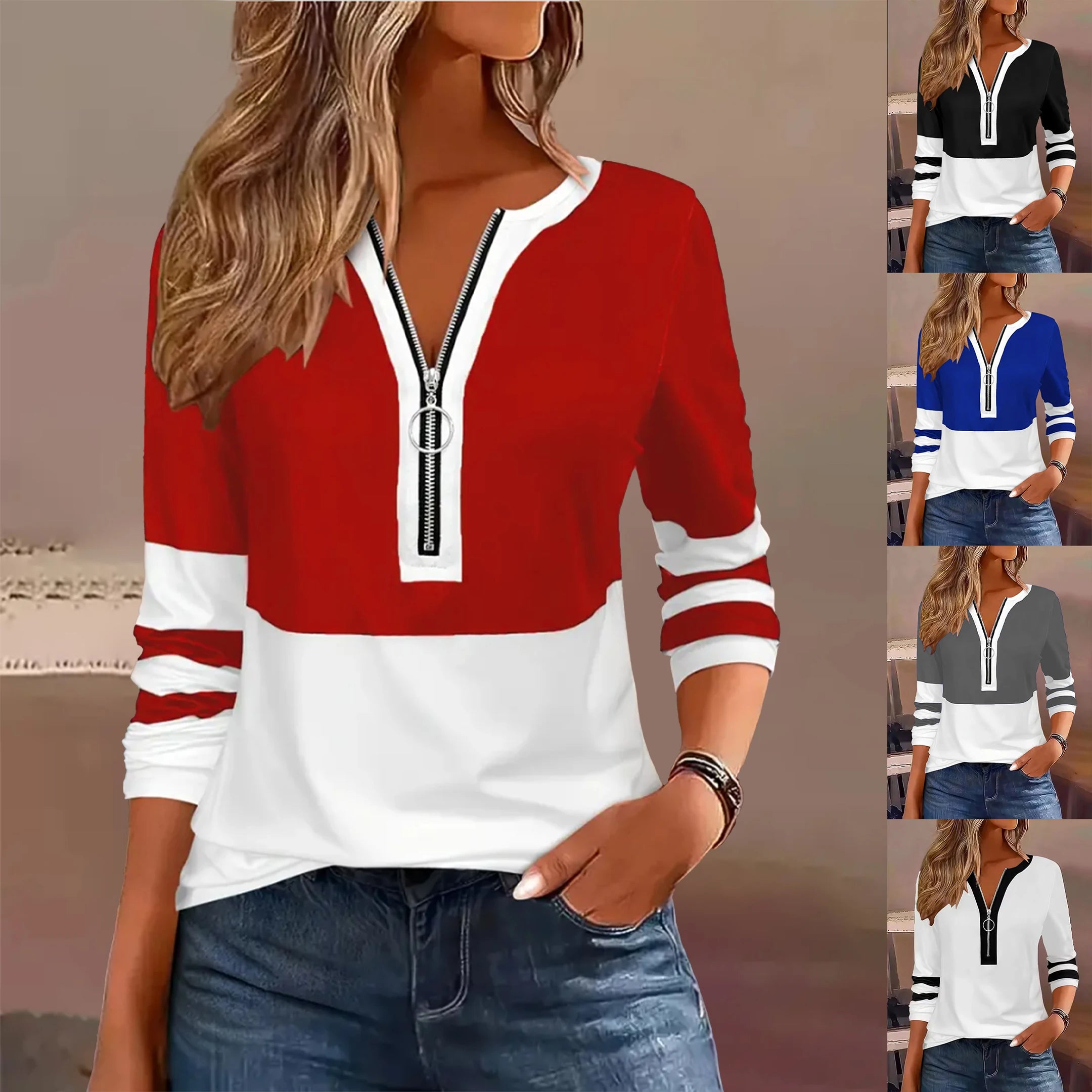Plus Size Long Sleeve T-Shirt – Geometric Stripes & Color Block Ring Zipper Fall Fashion 🍂👚