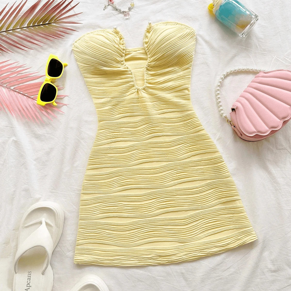 2025 Summer Women’s Strapless Body-Hugging Short Skirt Dress – V-Neck Party Dress