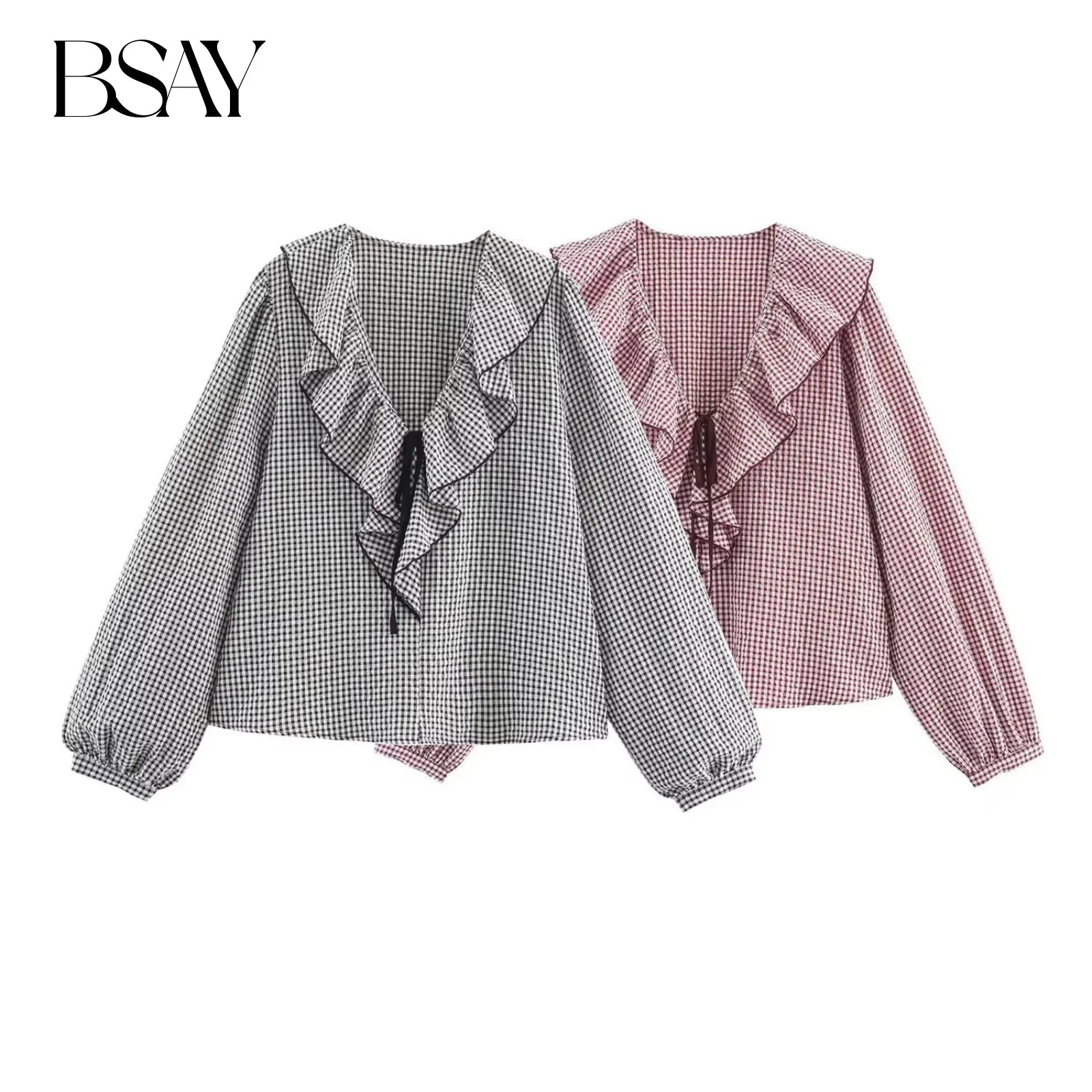 BSAY Bow Plaid Shirt Women – 2025 Fall French V-Neck Long Sleeve Ruffled Blouse 🍂👚🎀