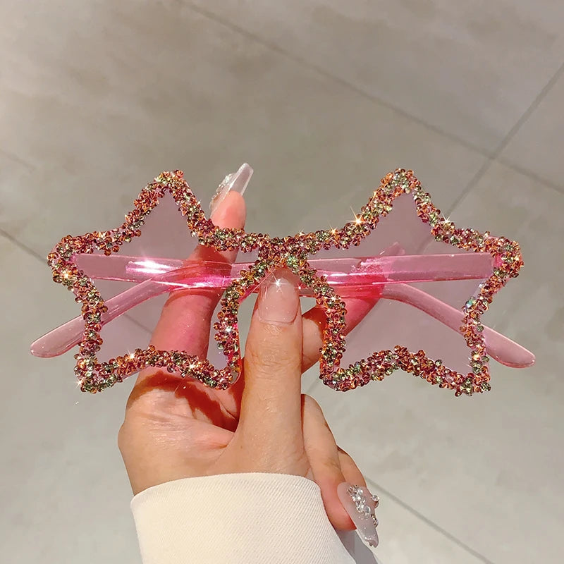 KAMMPT Chic Stars Design Pink Shades – Women Rhinestone Shiny Trendy Sun Glasses | Holiday & Beach INS Brand