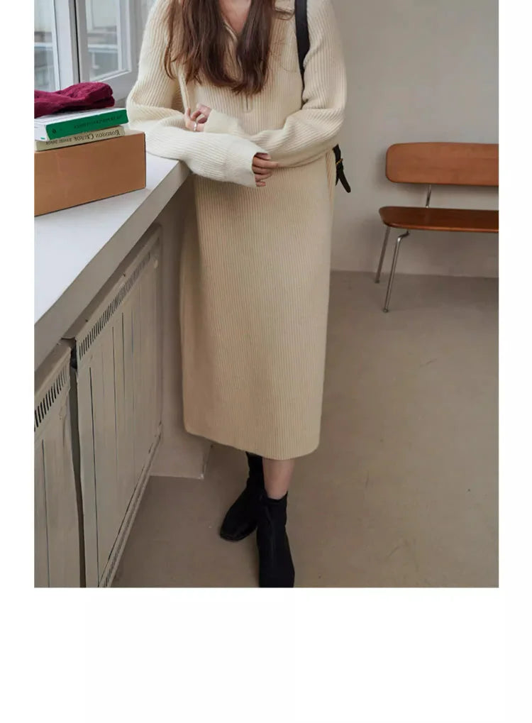 Plus Size Women's Knitted Midi Dress – Casual Loose Waist H-Shape Straight Tube Skirt, Long Sleeve Pure Color Polyester Fiber