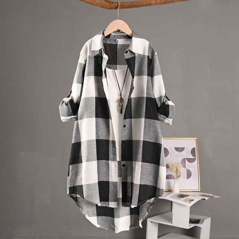 Women’s Plaid Shirt – Casual Long Sleeve Blouse Check Linen Cotton Tops for Women 🌿✨