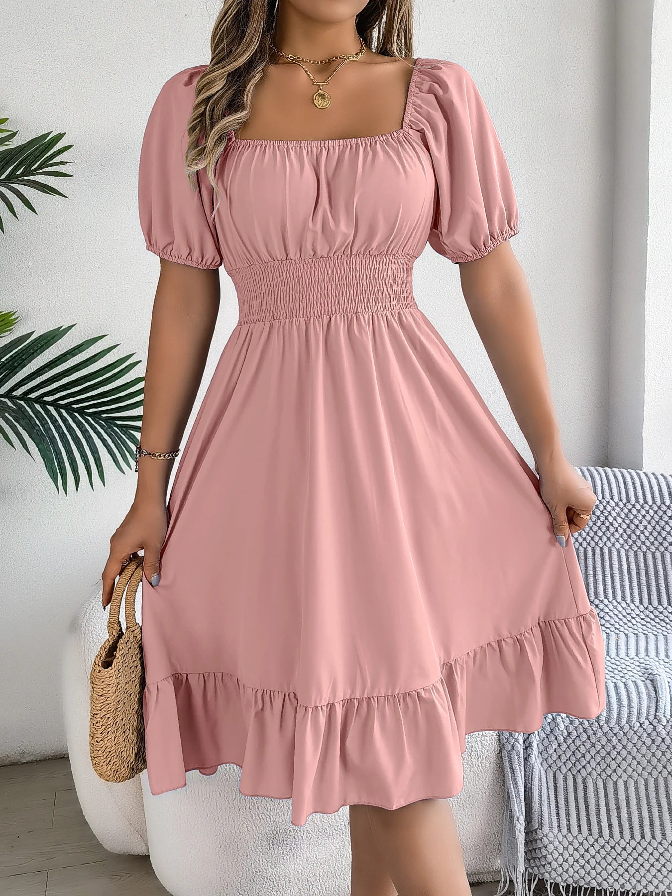 2026 Women’s Elegant High-Waisted Dress – Square Neck, Short Sleeve, Ruffled Edge Long Dress | Spring Summer Valentine’s Day