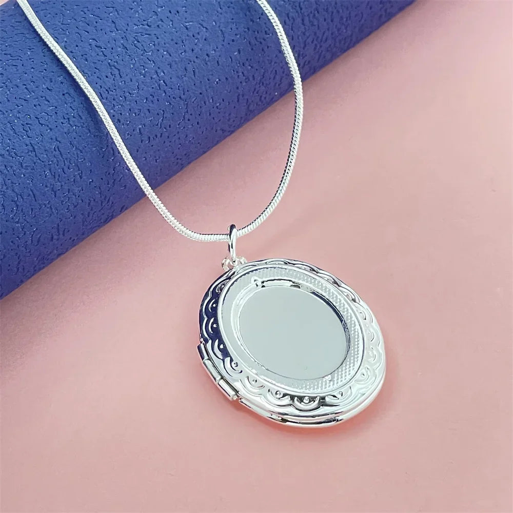 925 Sterling Silver Oval Photo Frame Pendant Necklace | Snake Bone Chain | Fashion Simple Jewelry