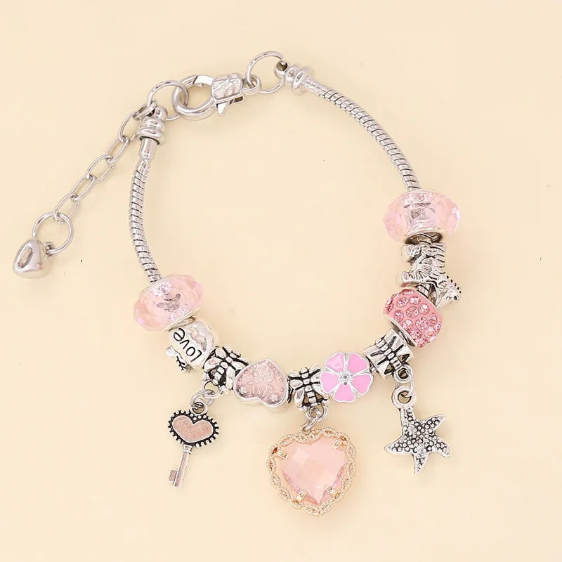 Trendy Colorful Pandora Lucky Rainbow Charm Bracelet | Four-Leaf Clover, Starfish & Heart Pendants