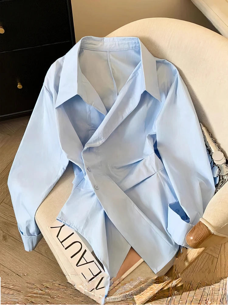 Designer Irregular Long Sleeve Polo Shirt Women – Elegant White Tunic Work Blouse