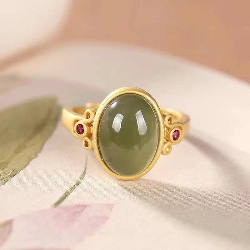PANJBJ 925 Sterling Silver Hotan Jade Geometric Adjustable Ring | Retro Delicate Jewelry Gift for Women