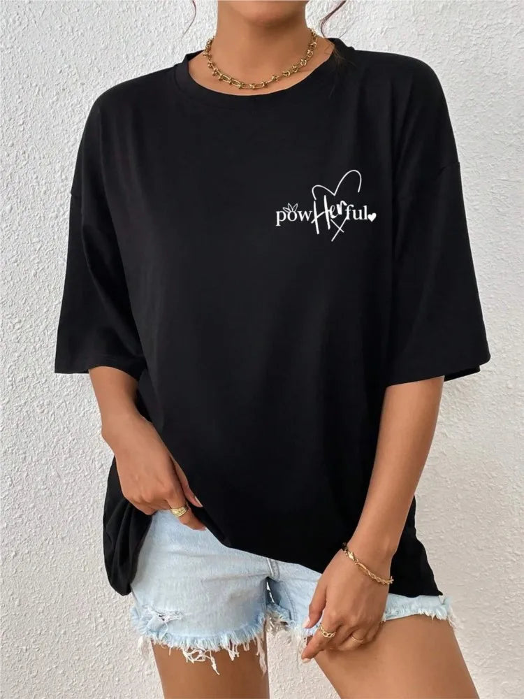 Women’s Cotton Slogan T-Shirt | Powerful Letter Print Streetwear Casual Loose Top for Spring & Summer