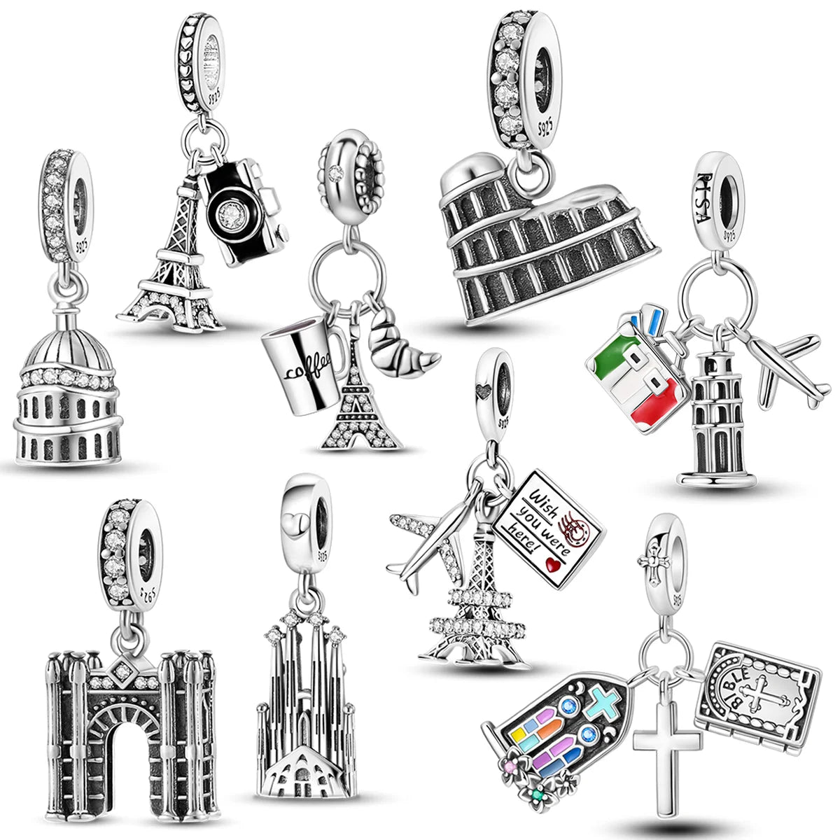 925 Sterling Silver Travel Around the World Charm Bead | Eiffel Tower & Triumphal Arch Dangle for Original Bracelet DIY Jewelry