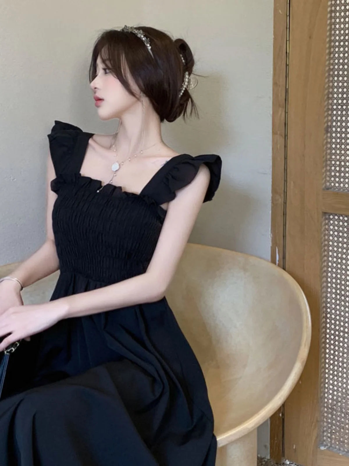 ☀️ Summer 2025 Elegant Hepburn-Style Tea Break Midi Dress 👗 Gathered Waist, Short Sleeve, Square Collar Pleated A-Line Dress 🌸